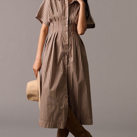 Tobie Button-Front Pleated Shirt Dress by Exquise Anthropologie Honey Small - Picture 1 of 3